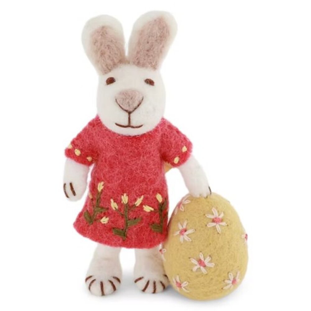 NWT Gry & Sif Felt FAIR TRADE White EASTER Bunny w/Melon Dress & Big Egg WOOL